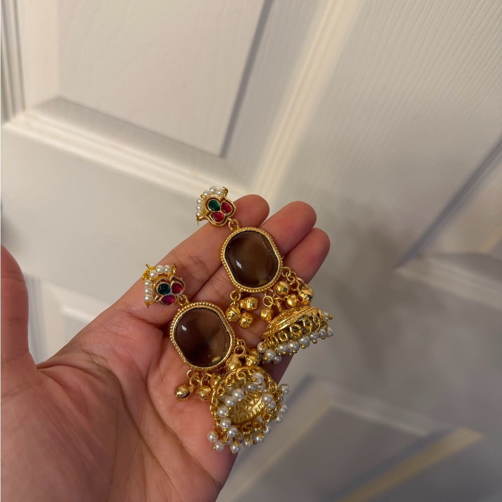 Indian Kashmiri Elegant Gold and Brown Dangle Earrings
